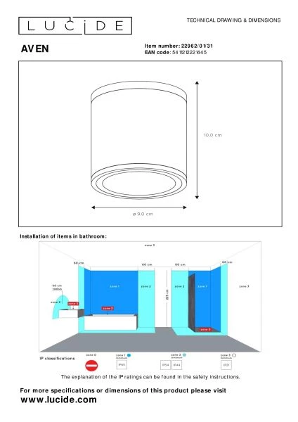 Lucide AVEN - Spot plafond Salle de bains - Ø 9 cm - 1xGU10 - IP65 - Blanc - technique